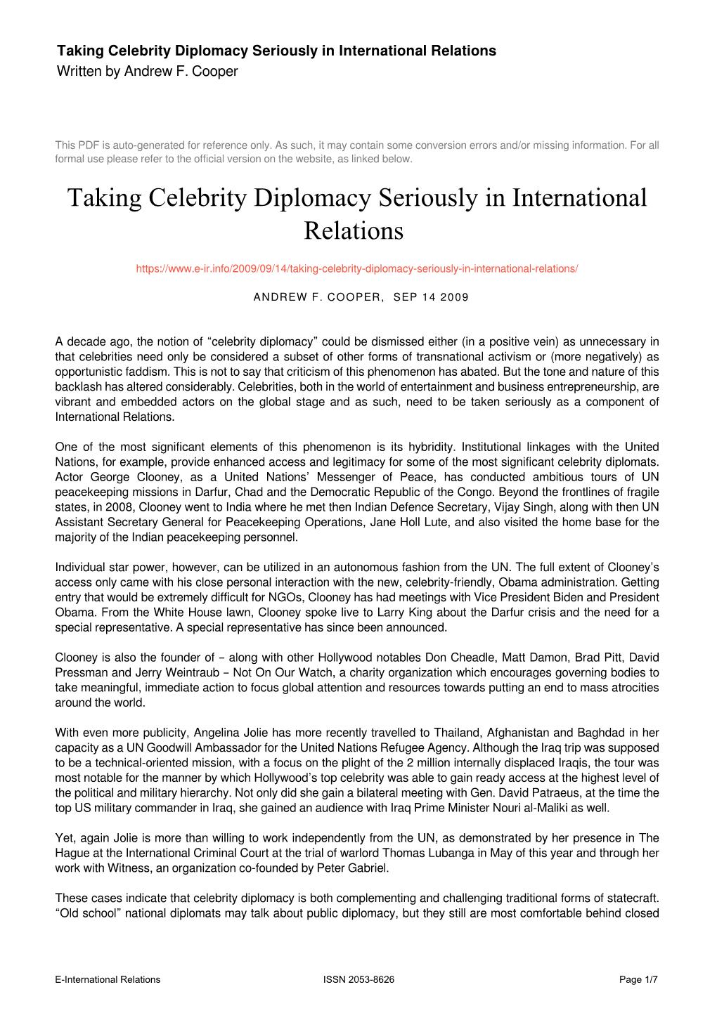 Taking Celebrity Diplomacy Seriously in International Relations Written by Andrew F