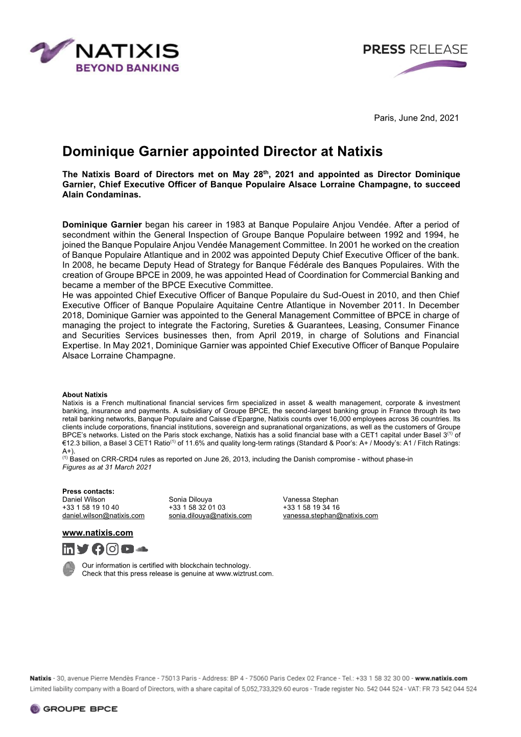 Dominique Garnier Appointed Director at Natixis