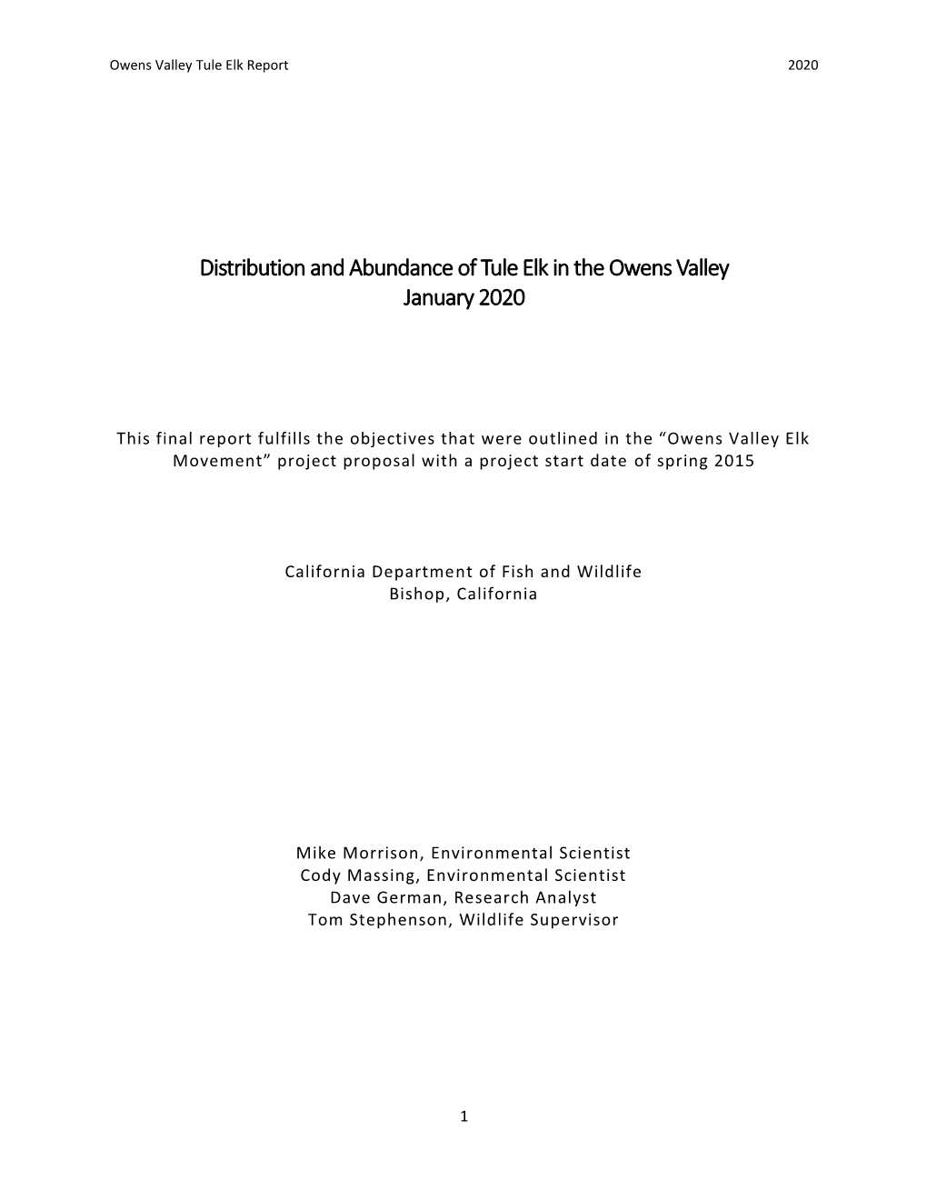 Distribution and Abundance of Tule Elk in the Owens Valley January 2020