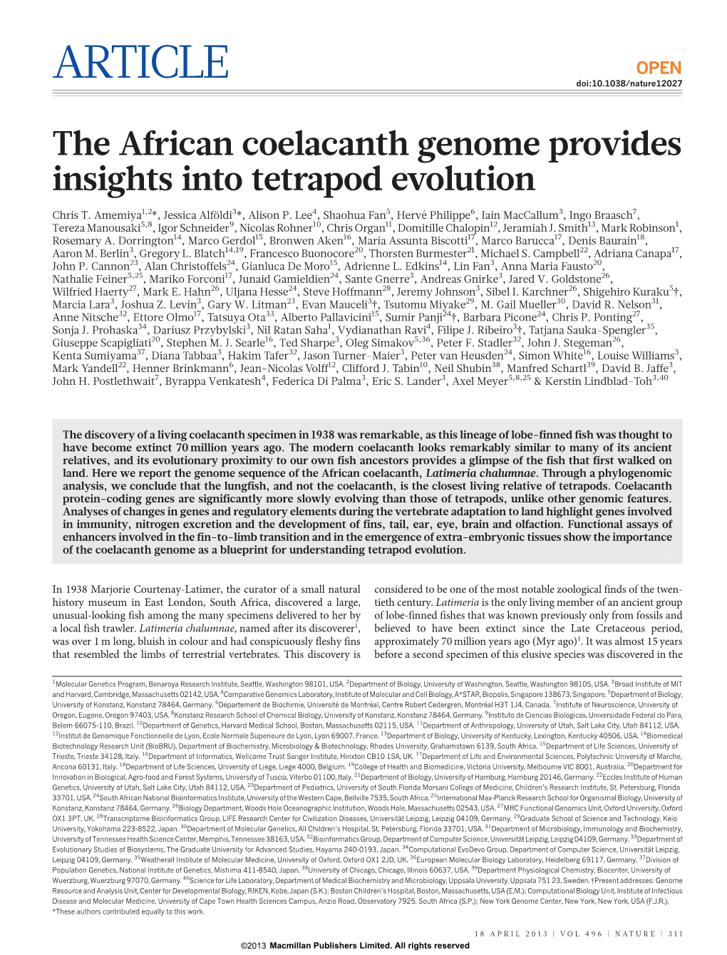 The African Coelacanth Genome Provides Insights Into Tetrapod Evolution