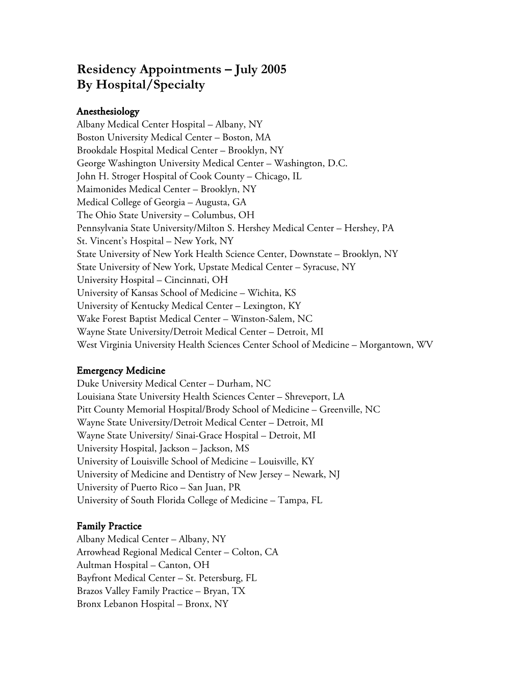 Residency Appointments – July 2005 by Hospital/Specialty