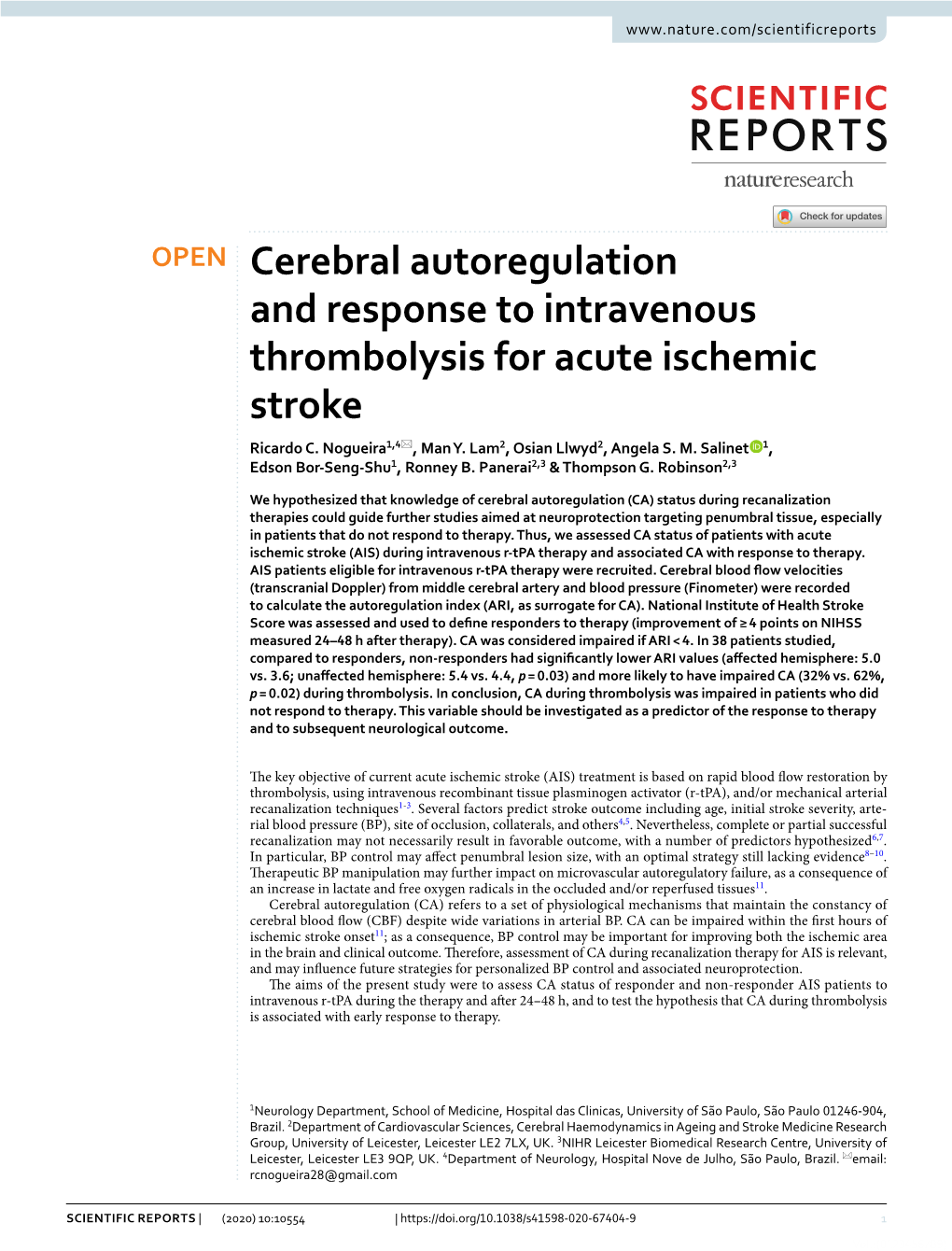 Cerebral Autoregulation and Response to Intravenous Thrombolysis for Acute Ischemic Stroke Ricardo C