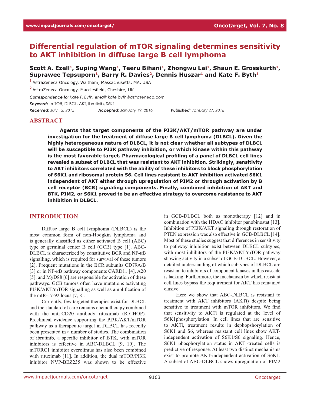 Differential Regulation of Mtor Signaling Determines Sensitivity to AKT Inhibition in Diffuse Large B Cell Lymphoma