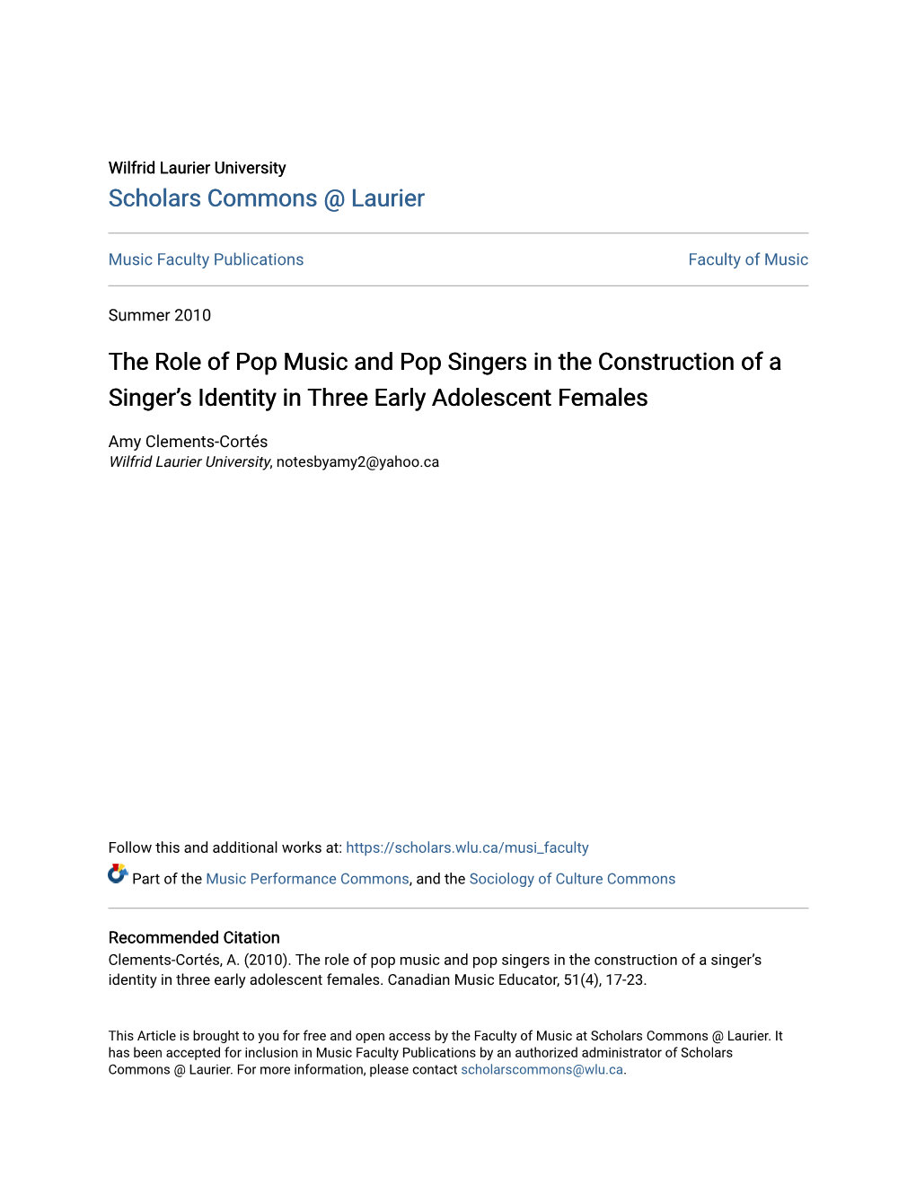 The Role of Pop Music and Pop Singers in the Construction of a Singer’S Identity in Three Early Adolescent Females