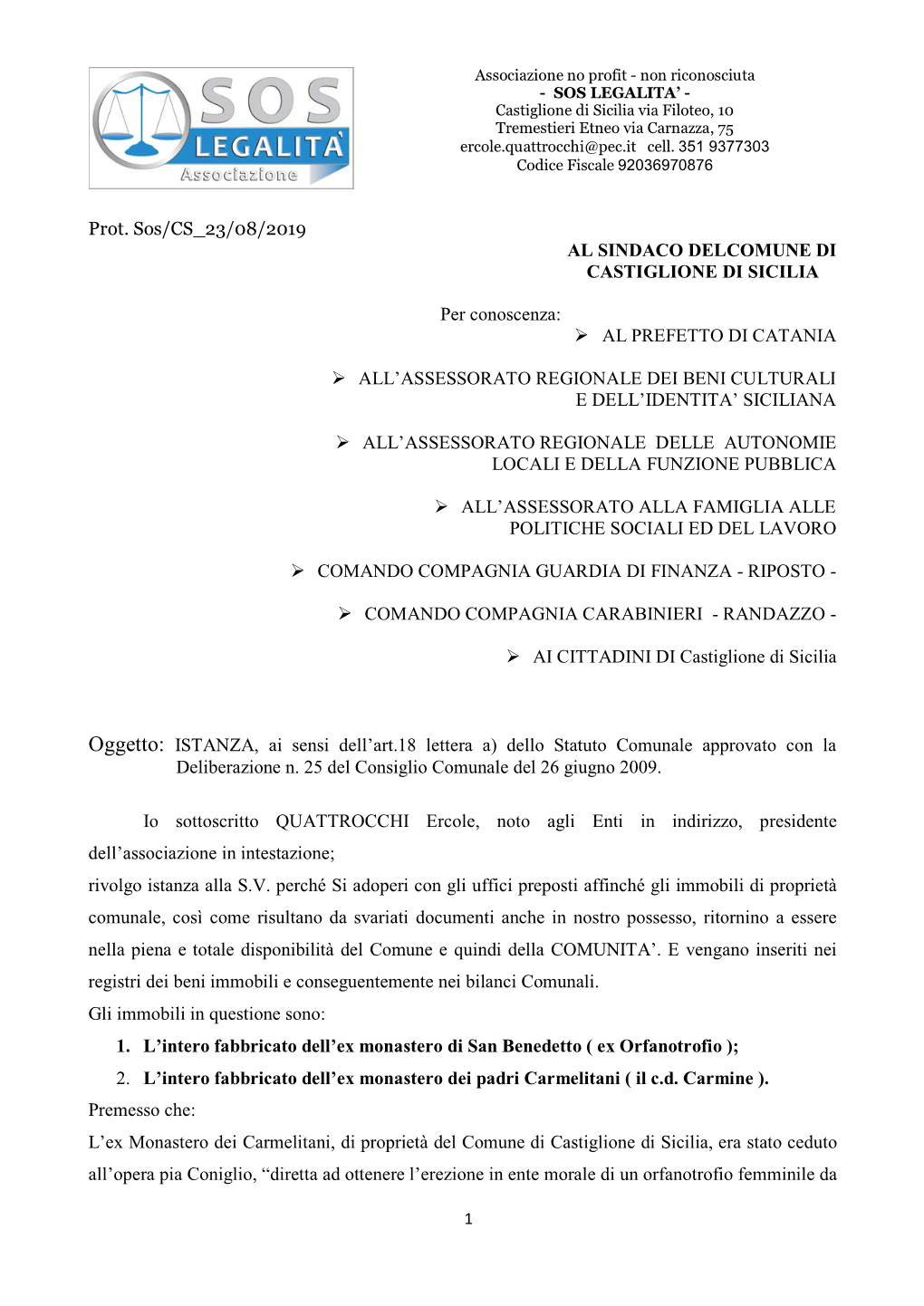 Al Prefetto Di Catania All E