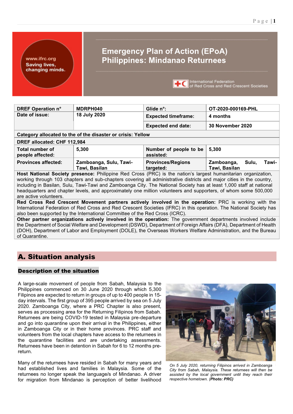 Emergency Plan of Action (Epoa) Philippines: Mindanao Returnees