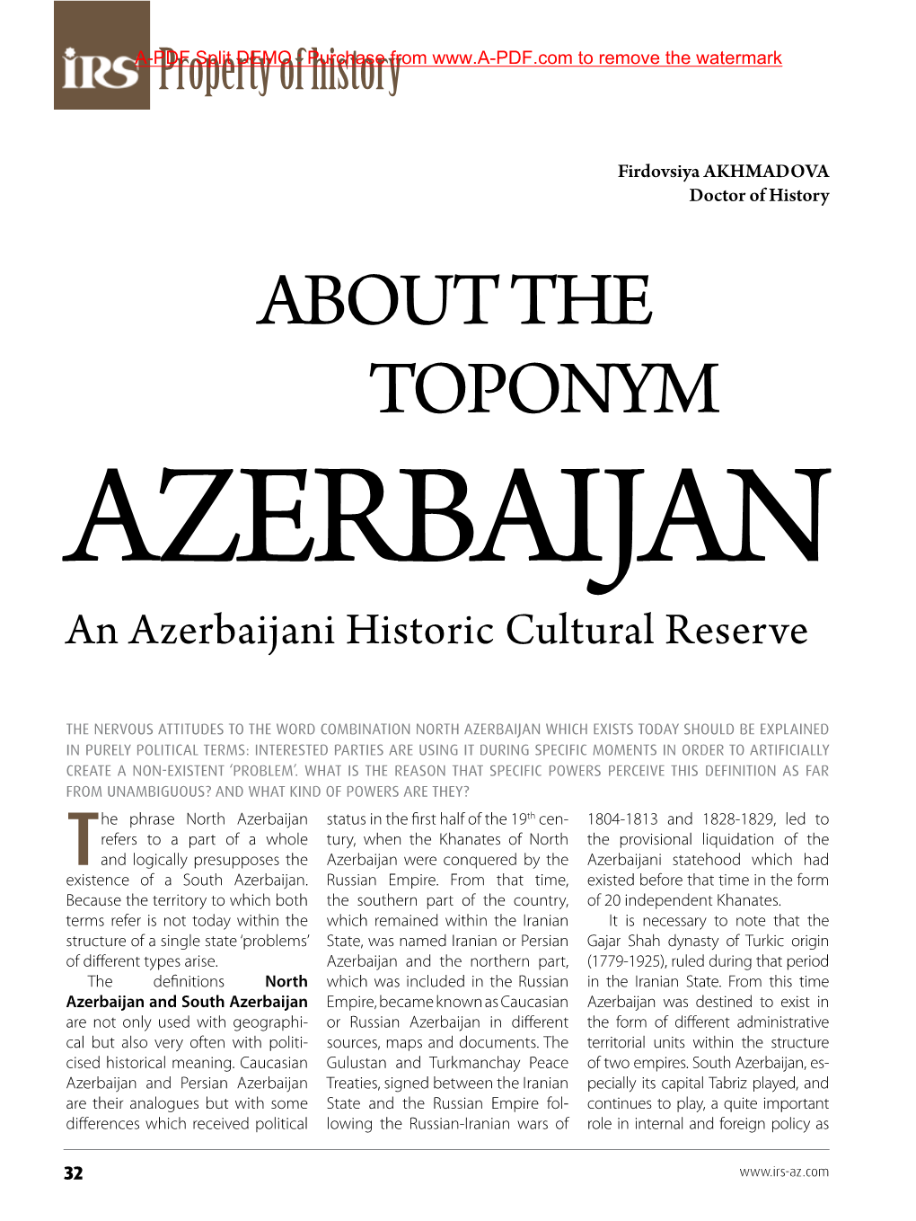 ABOUT the TOPONYM AZERBAIJAN an Azerbaijani Historic Cultural Reserve