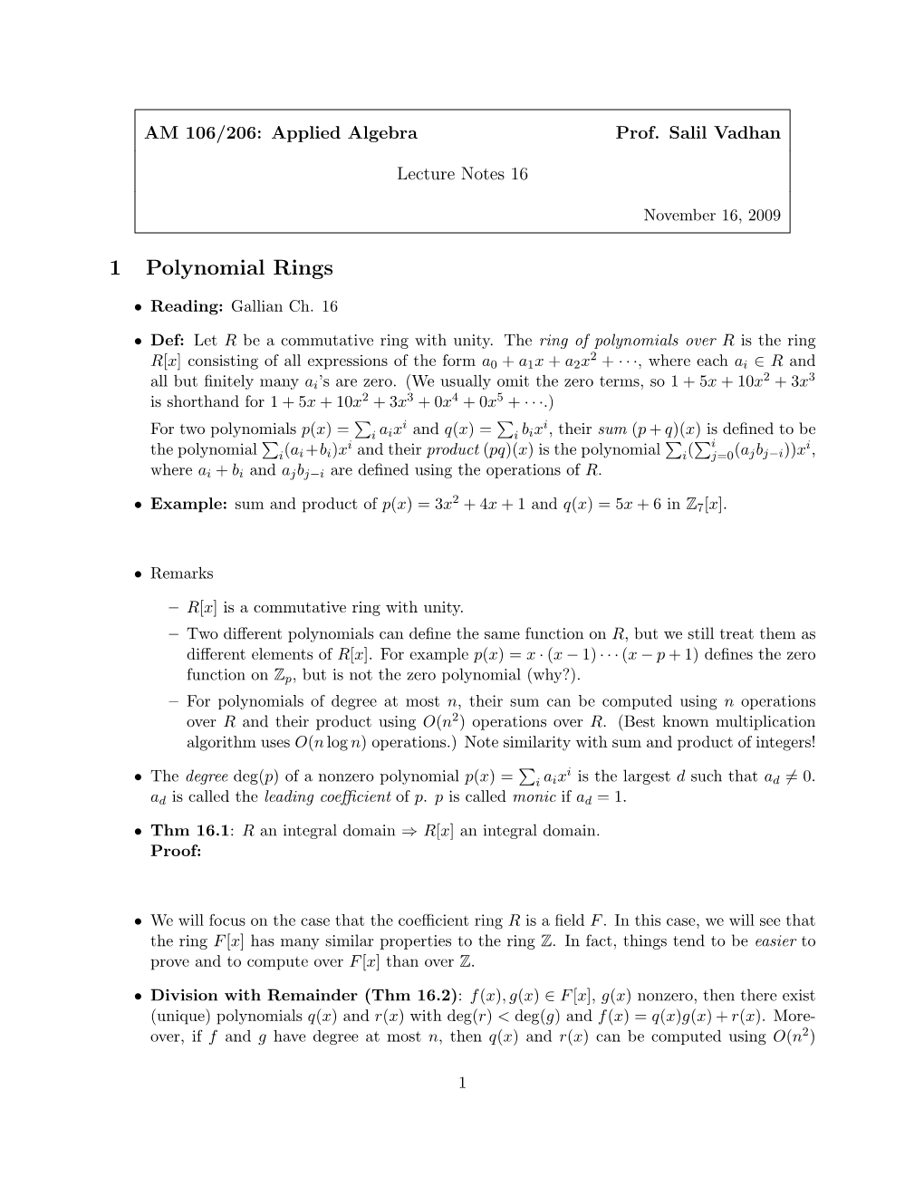 1 Polynomial Rings