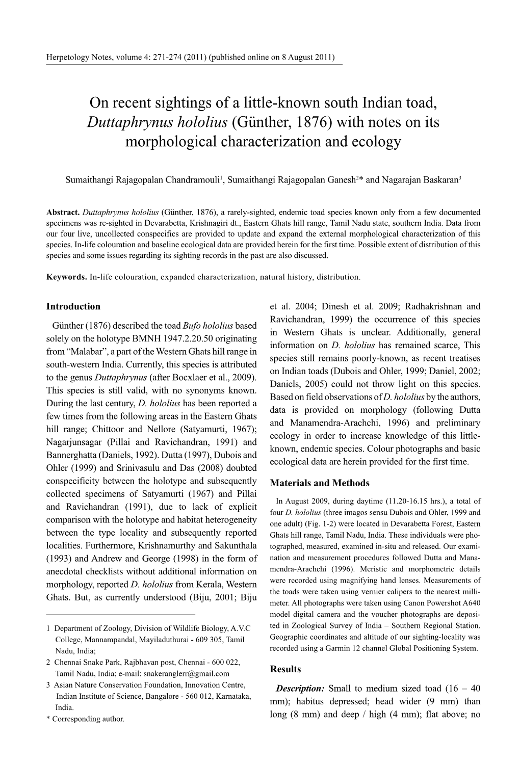 On Recent Sightings of a Little-Known South Indian Toad, Duttaphrynus Hololius (Günther, 1876) with Notes on Its Morphological Characterization and Ecology