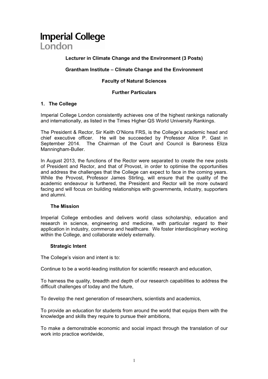 Grantham Institute – Climate Change and the Environment Faculty of Na