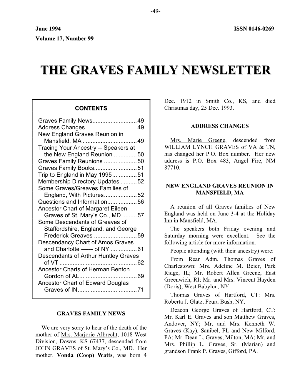 Graves Family Newsletter, June 1994