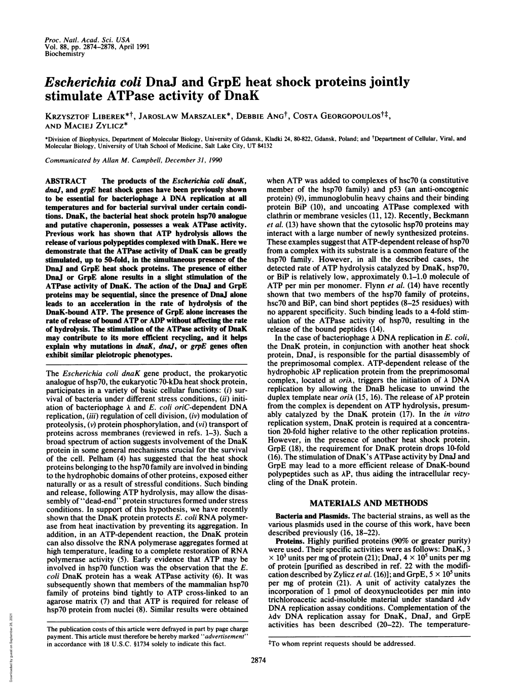 Escherichia Coli Dnaj and Grpe Heat Shock Proteins Jointly Stimulate