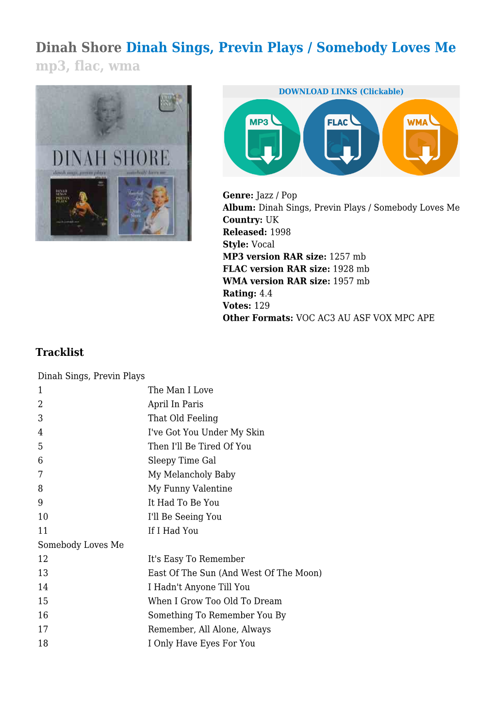 Dinah Shore Dinah Sings, Previn Plays / Somebody Loves Me Mp3, Flac, Wma