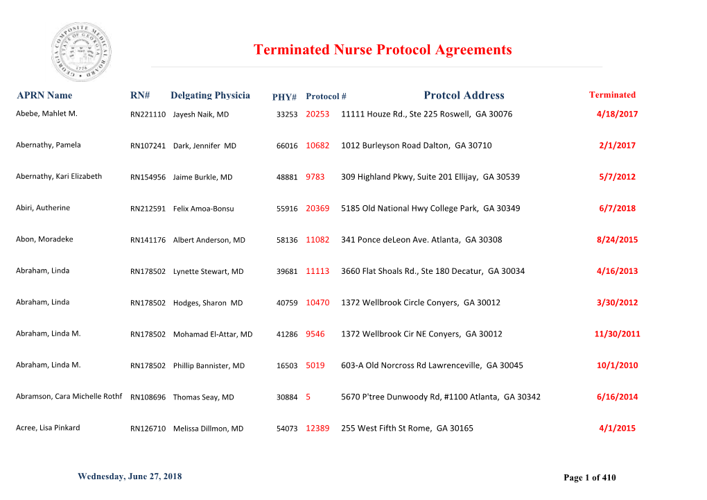 Terminated Nurse Protocol Agreements