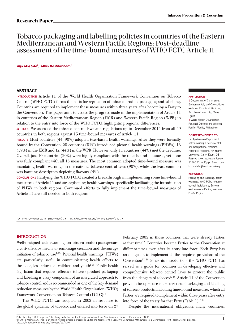 Tobacco Packaging and Labelling Policies in Countries of the Eastern