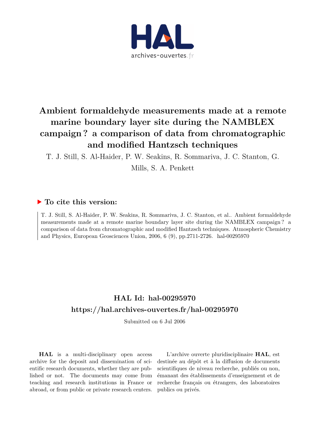 Ambient Formaldehyde Measurements Made at A