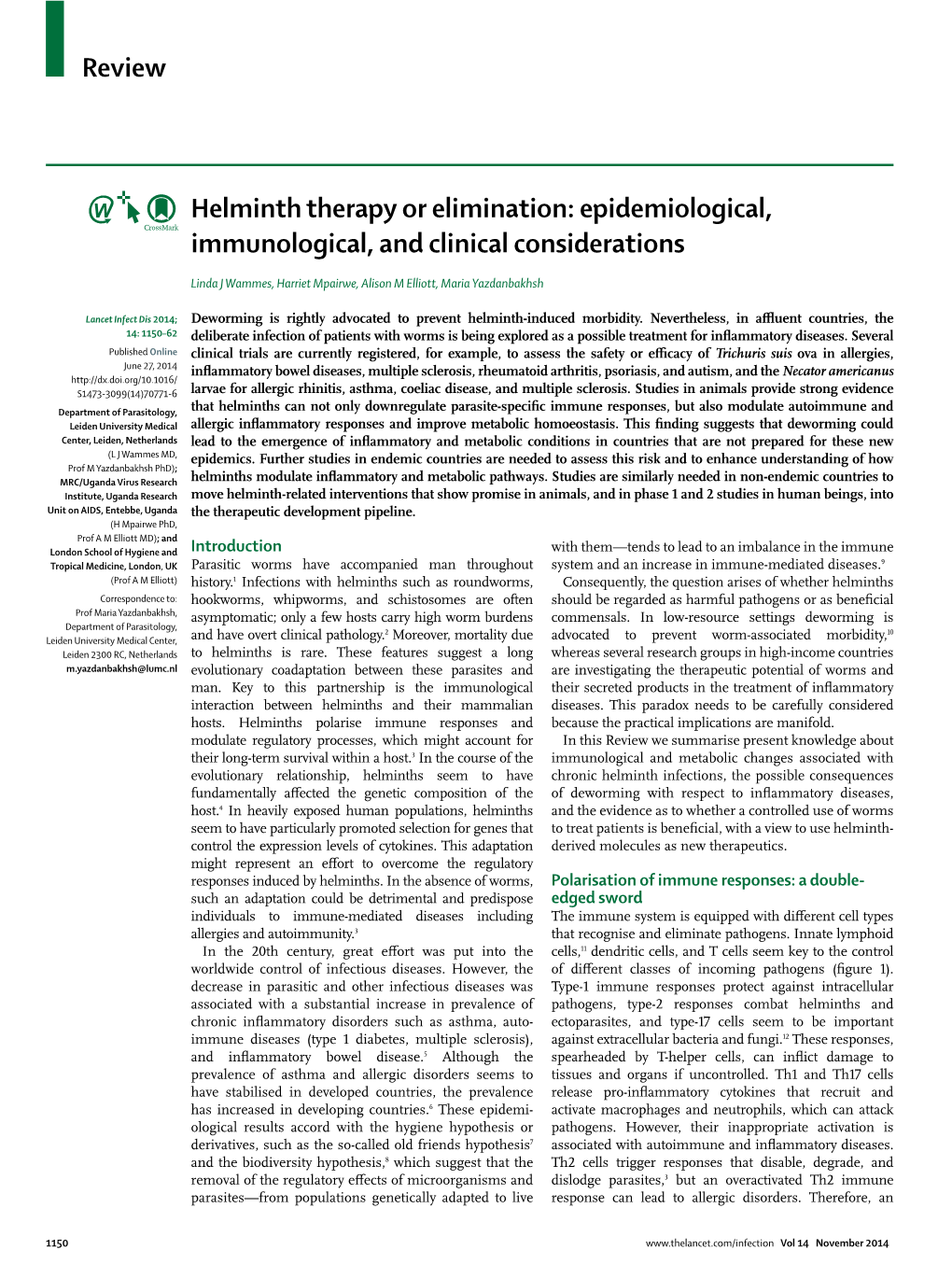 Helminth Therapy Or Elimination: Epidemiological, Immunological, and Clinical Considerations