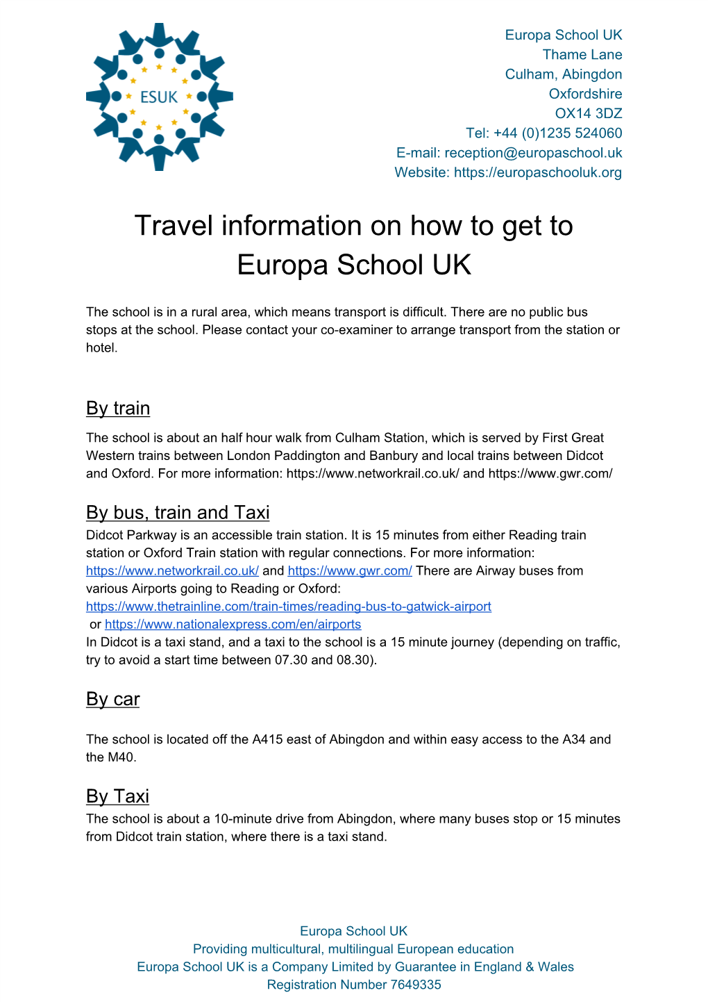 Travel Information on How to Get to Europa School UK