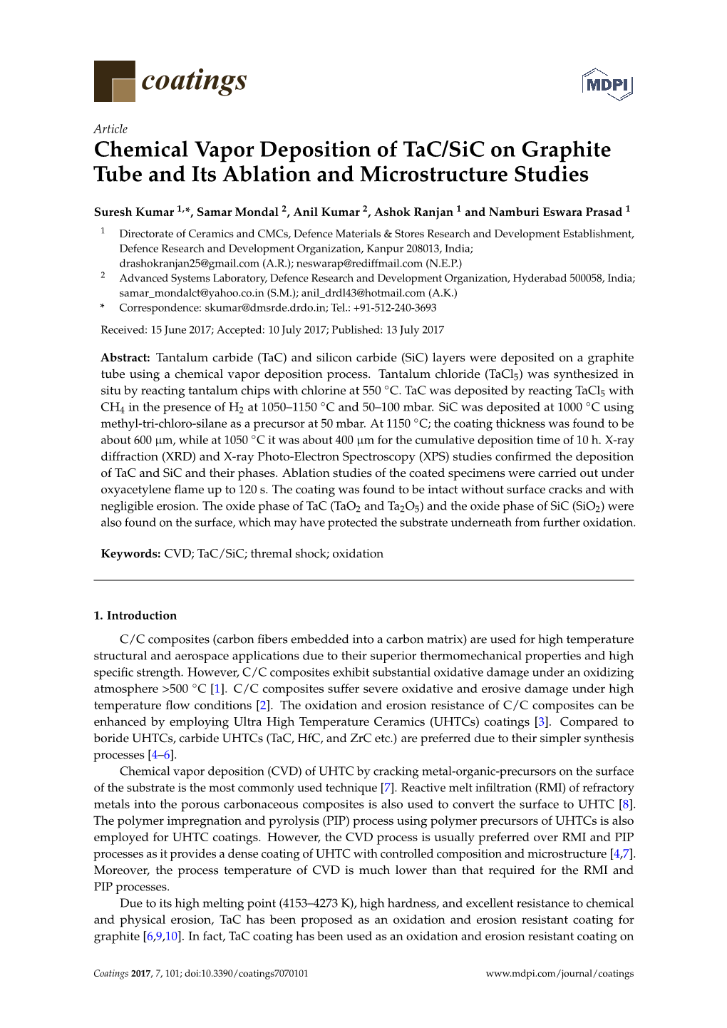 Chemical Vapor Deposition of Tac/Sic on Graphite Tube and Its Ablation and Microstructure Studies