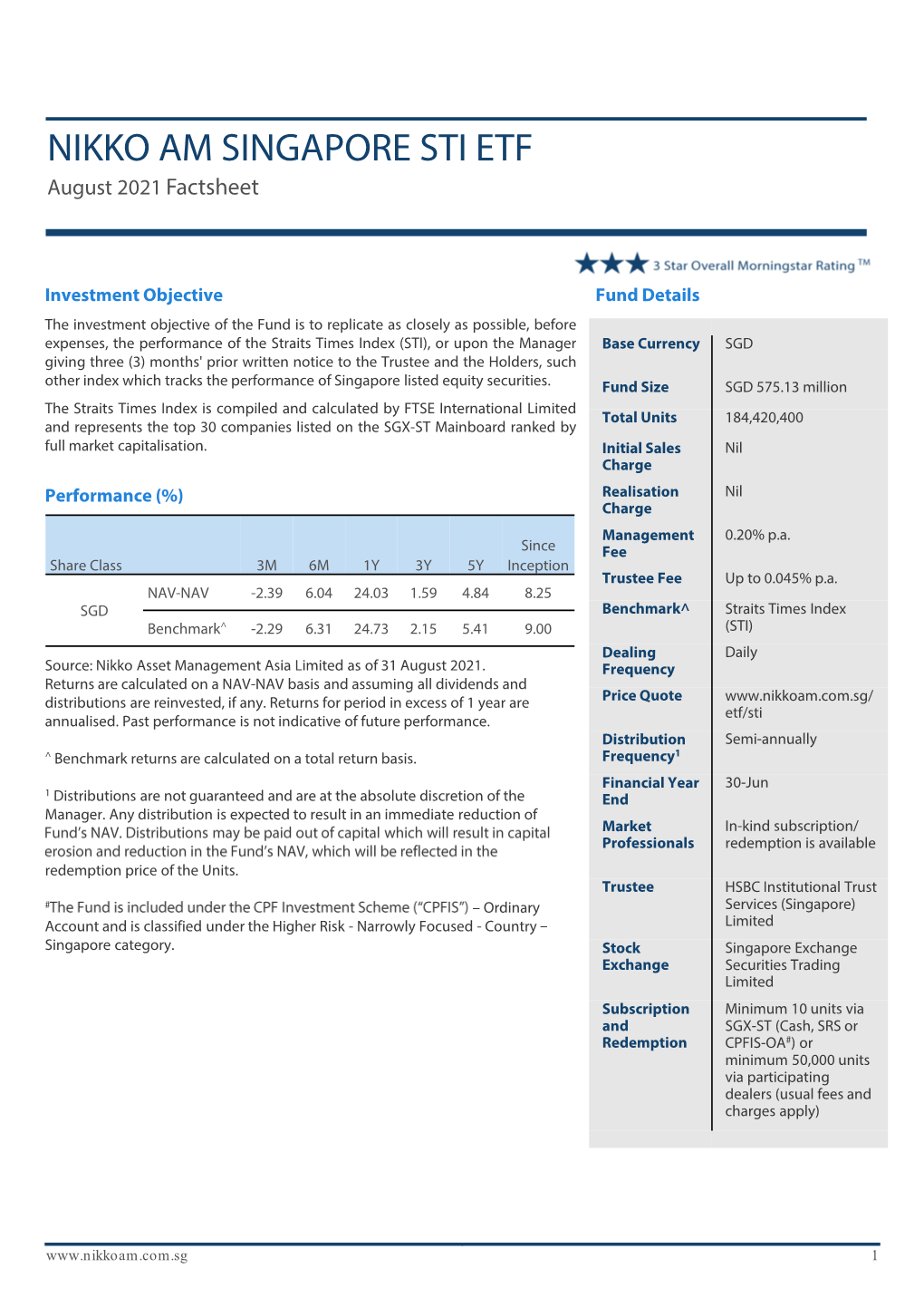 NIKKO AM SINGAPORE STI ETF August 2021 Factsheet