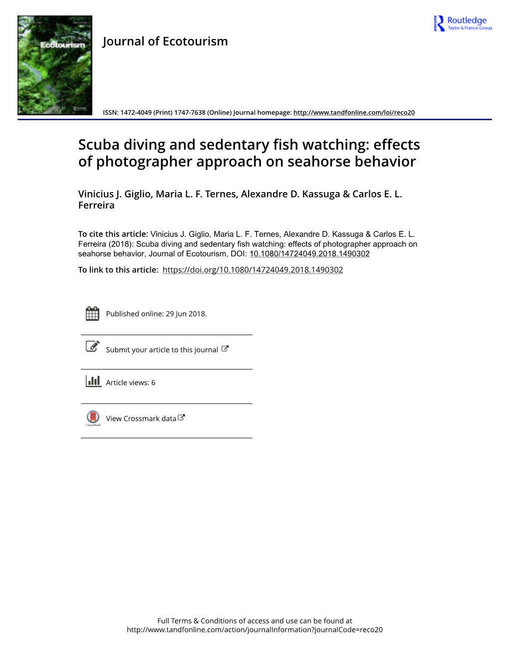 Scuba Diving and Sedentary Fish Watching: Effects of Photographer Approach on Seahorse Behavior