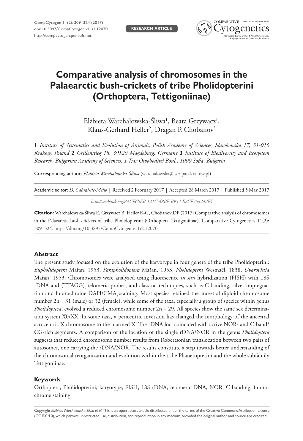 Comparative Analysis of Chromosomes in the Palaearctic Bush-Crickets of Tribe Pholidopterini (Orthoptera, Tettigoniinae)