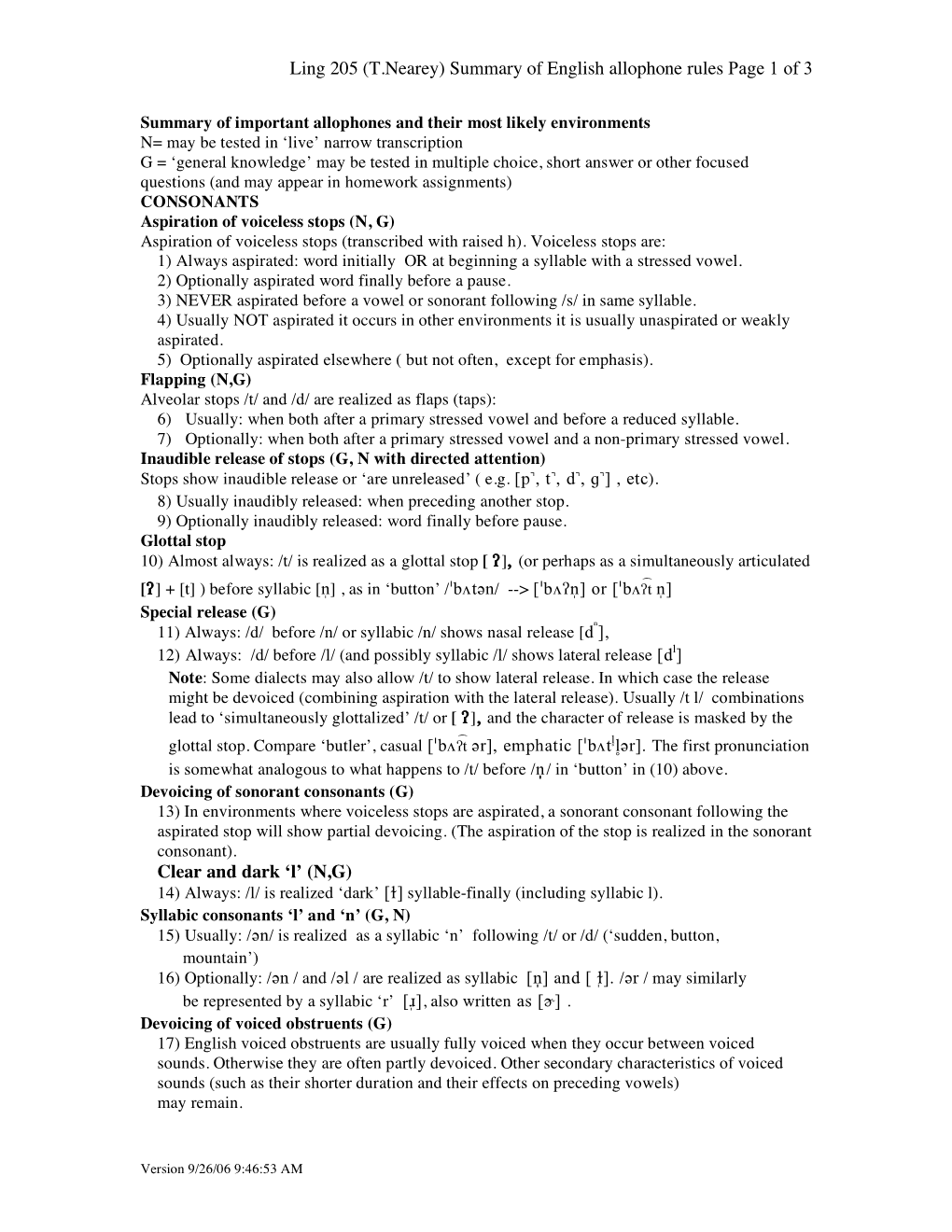 Ling 205 (T.Nearey) Summary of English Allophone Rules Page 1 of 3