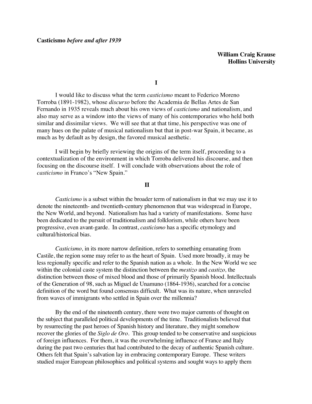 Casticismo Before and After 1939 William Craig Krause Hollins