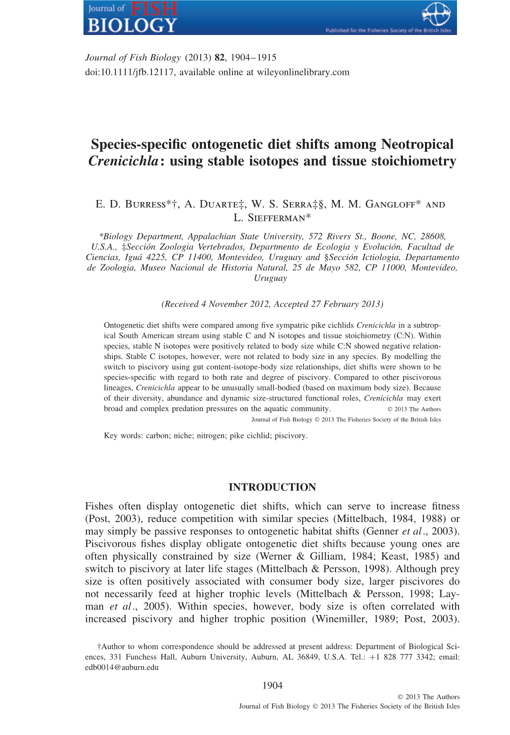 Speciesspecific Ontogenetic Diet Shifts Among Neotropical Crenicichla