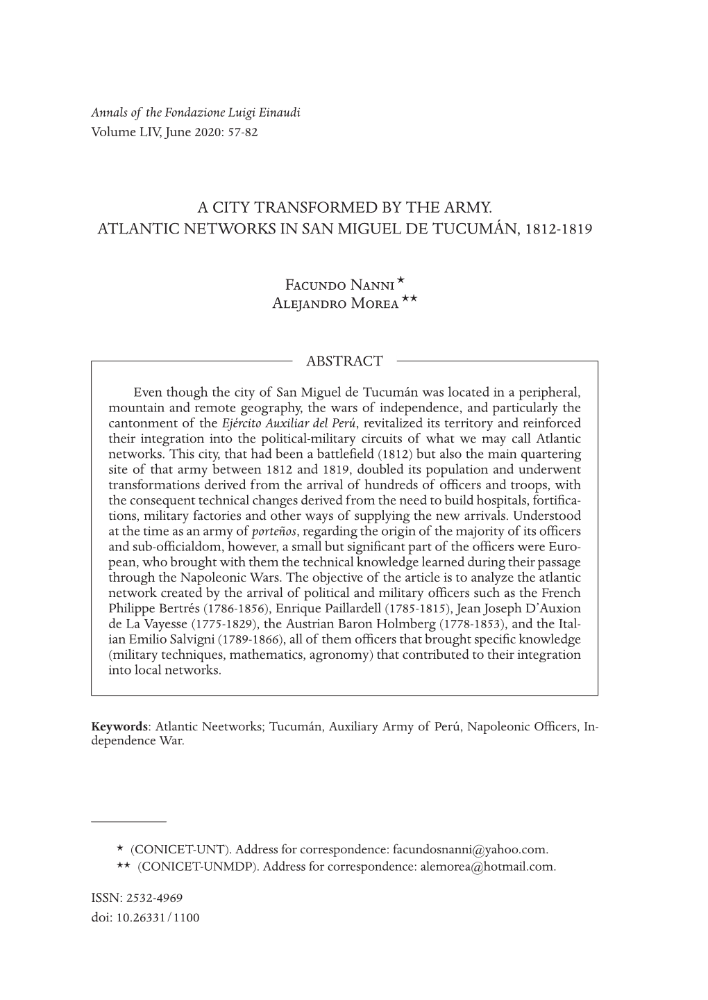 A City Transformed by the Army. Atlantic Networks in San Miguel De Tucumán, 1812-1819