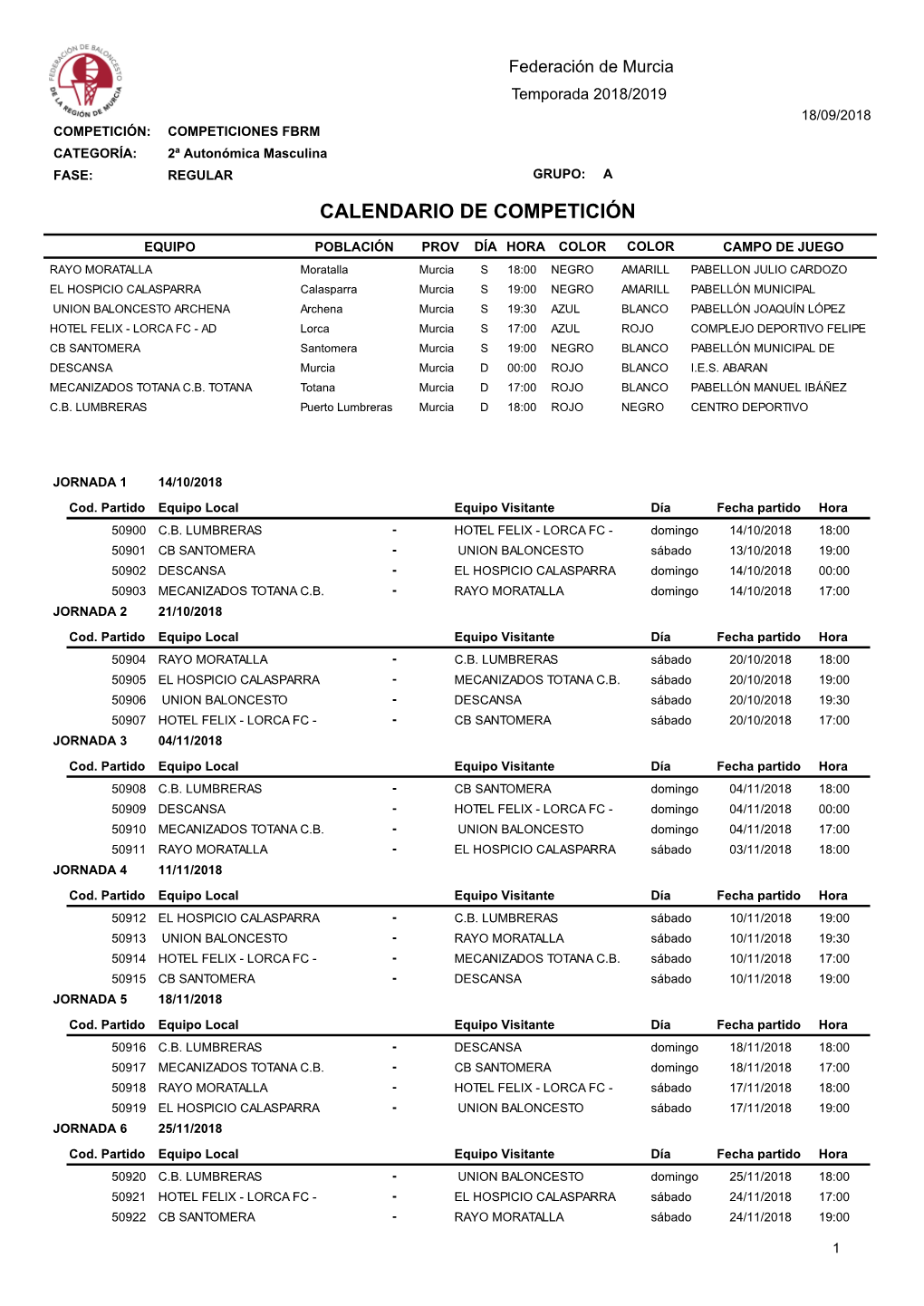 Calendario 2ª Autonomica Mas. Grupo A