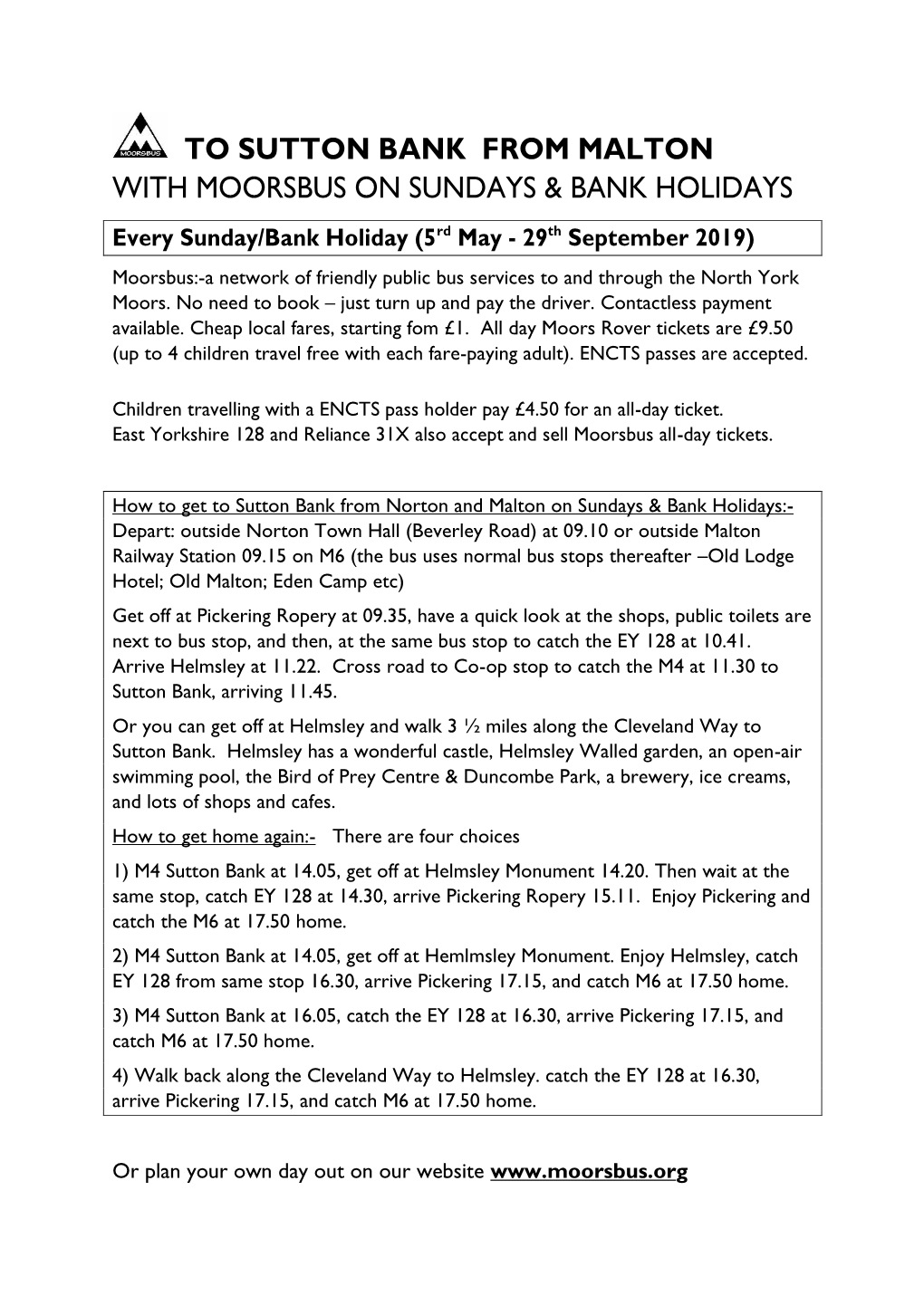 To Sutton Bank from Malton with Moorsbus on Sundays & Bank Holidays