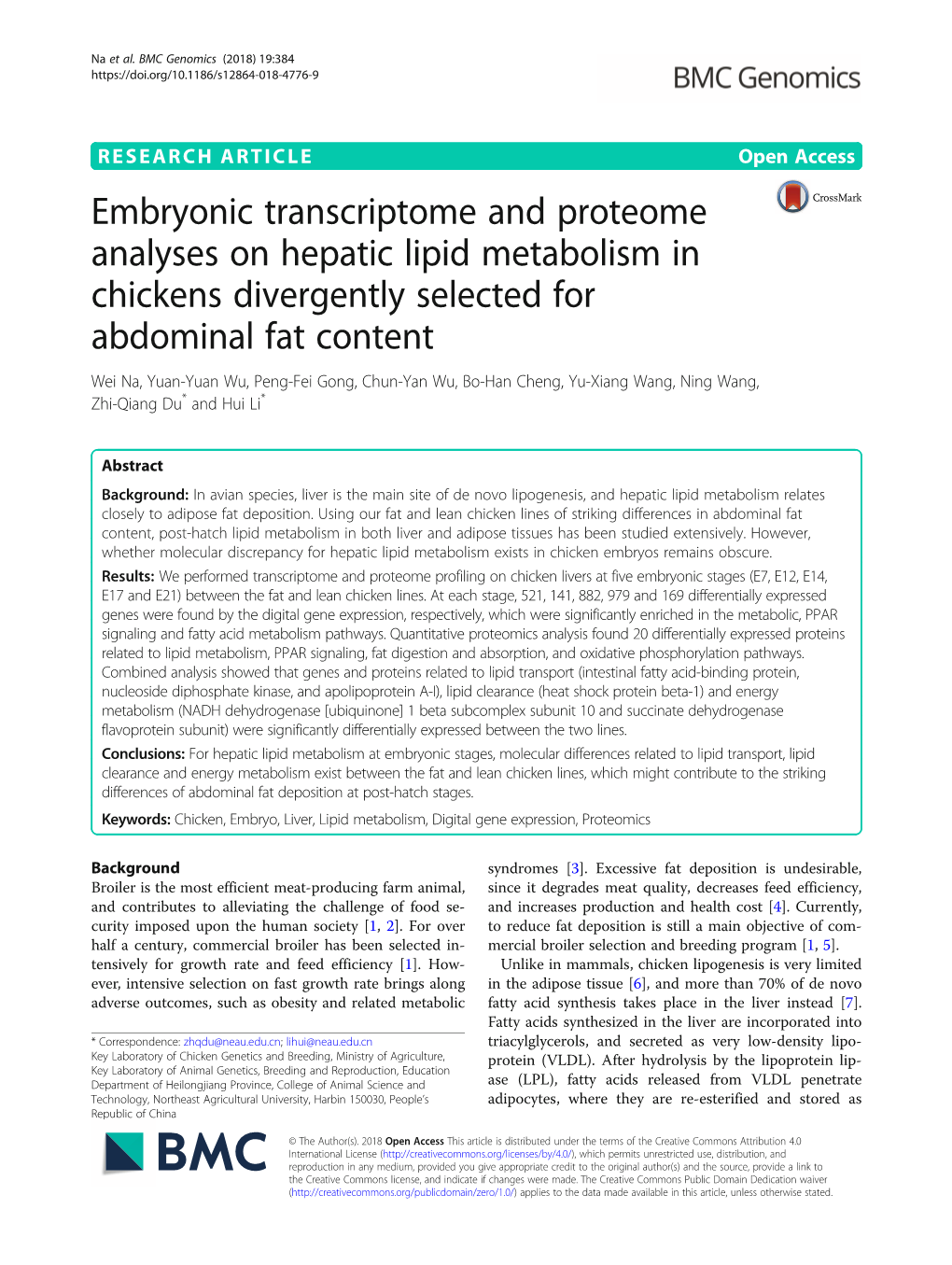 Embryonic Transcriptome and Proteome Analyses on Hepatic Lipid