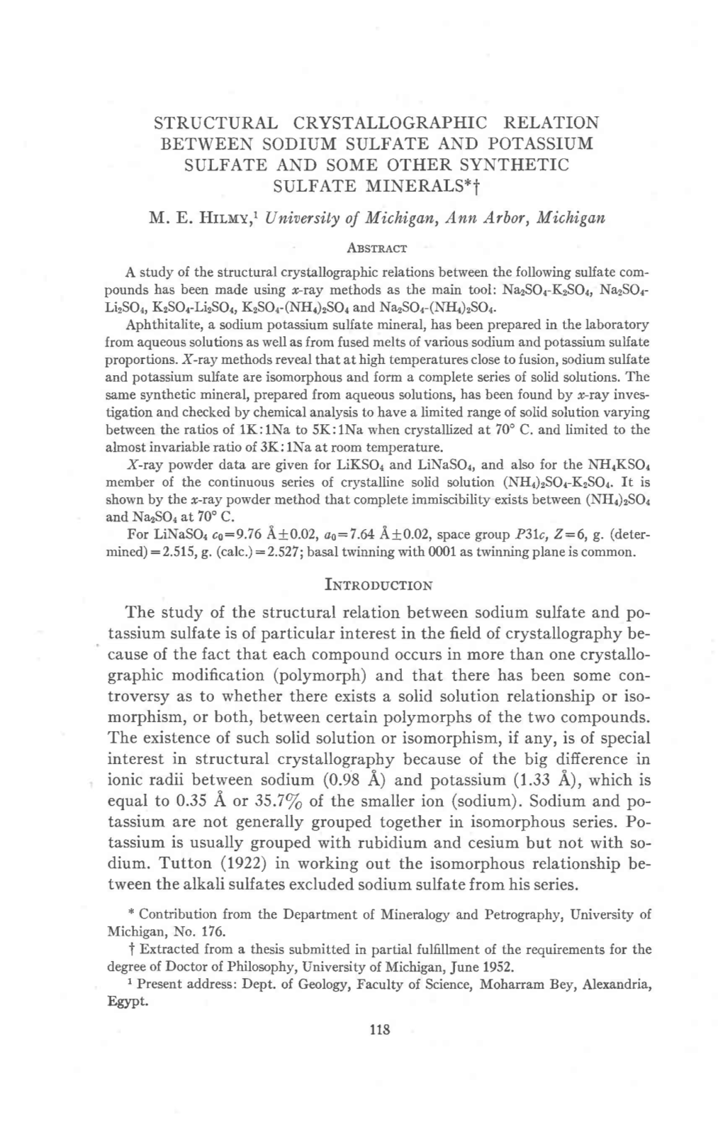 Structural Crystallographic Relation Between Sodium Sulfate and Potassium Sulfate and Some Other Synthetic Sulfate Mineralsxt M