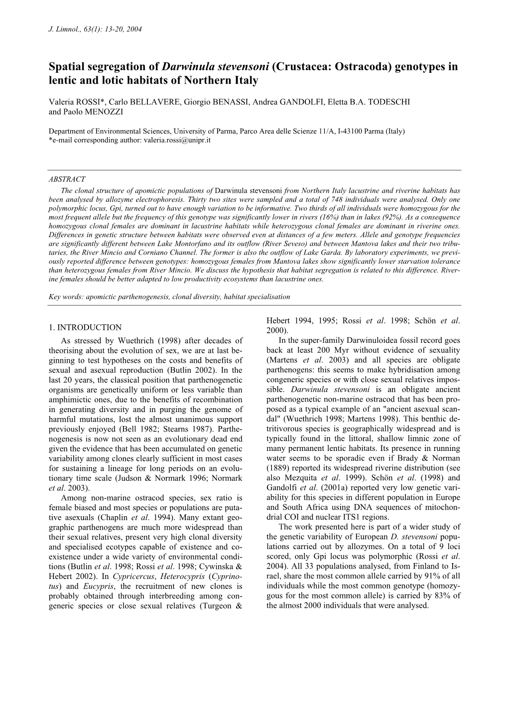 Spatial Segregation of Darwinula Stevensoni (Crustacea: Ostracoda) Genotypes in Lentic and Lotic Habitats of Northern Italy