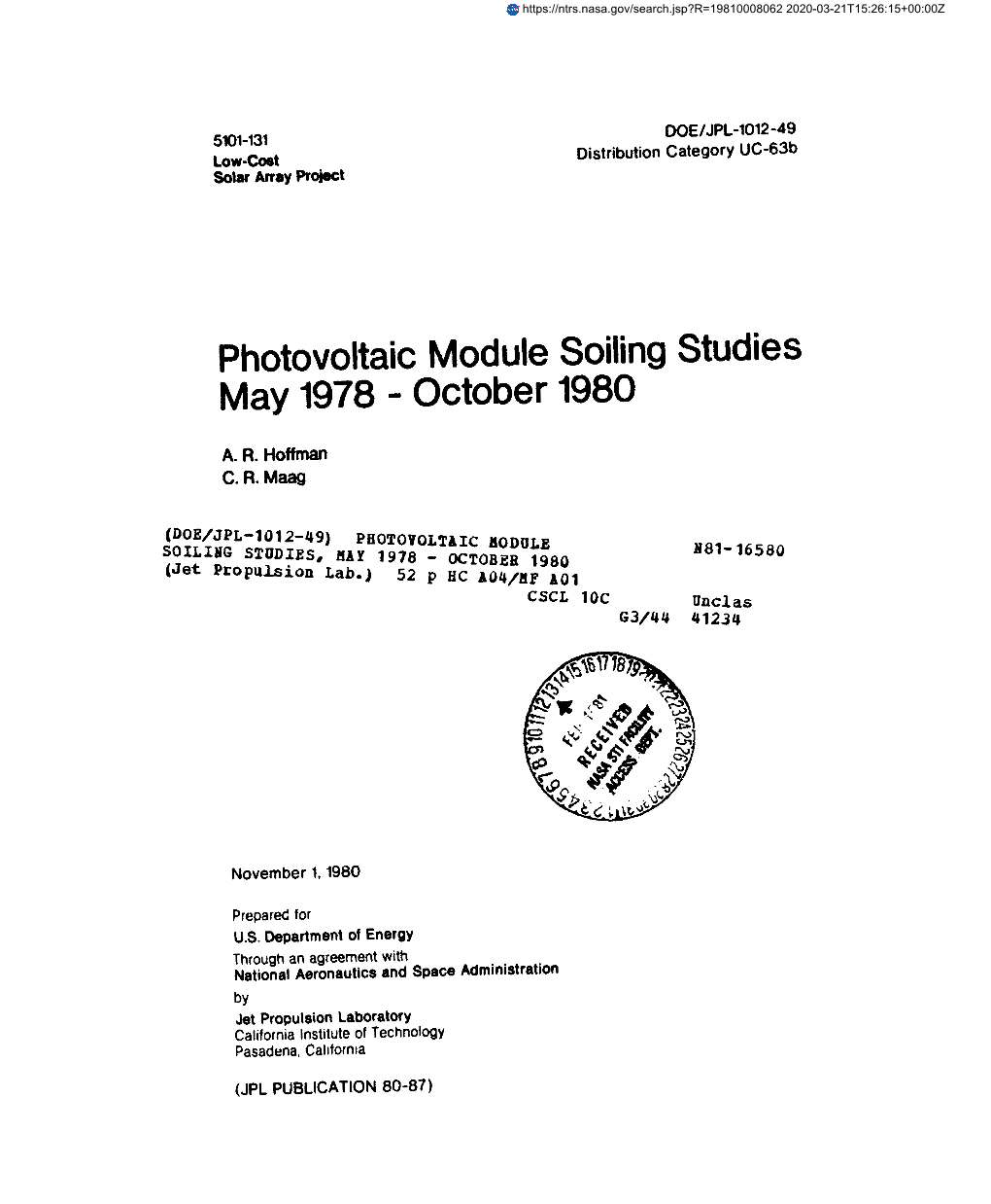 Photovoltaic Module Soiling Studies May 1978 - October 1980