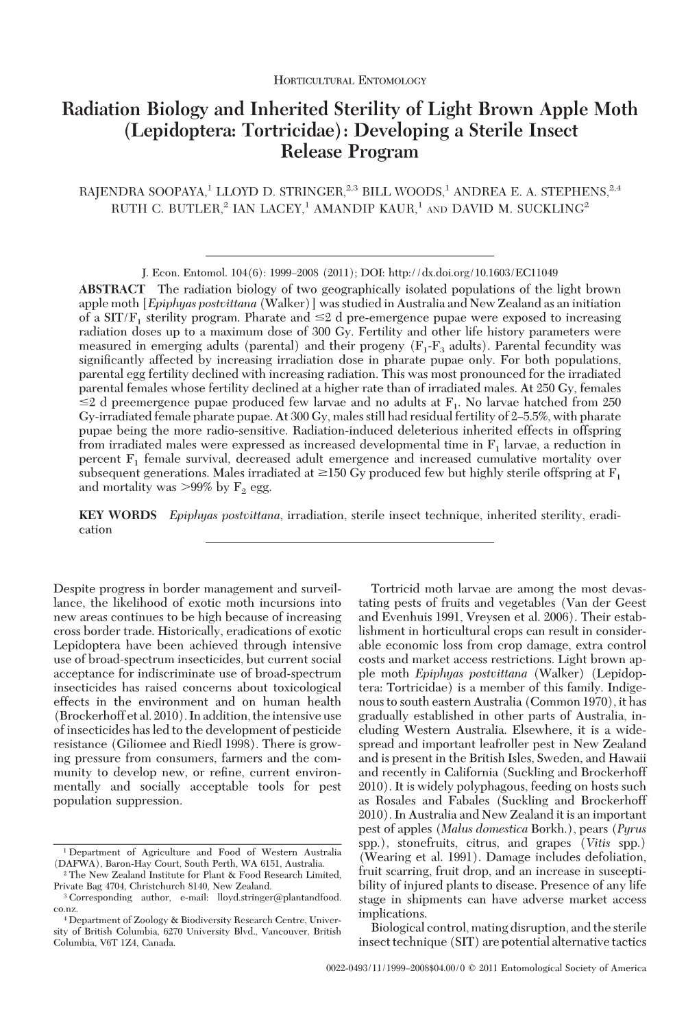 Radiation Biology and Inherited Sterility of Light Brown Apple Moth (Lepidoptera: Tortricidae): Developing a Sterile Insect Release Program