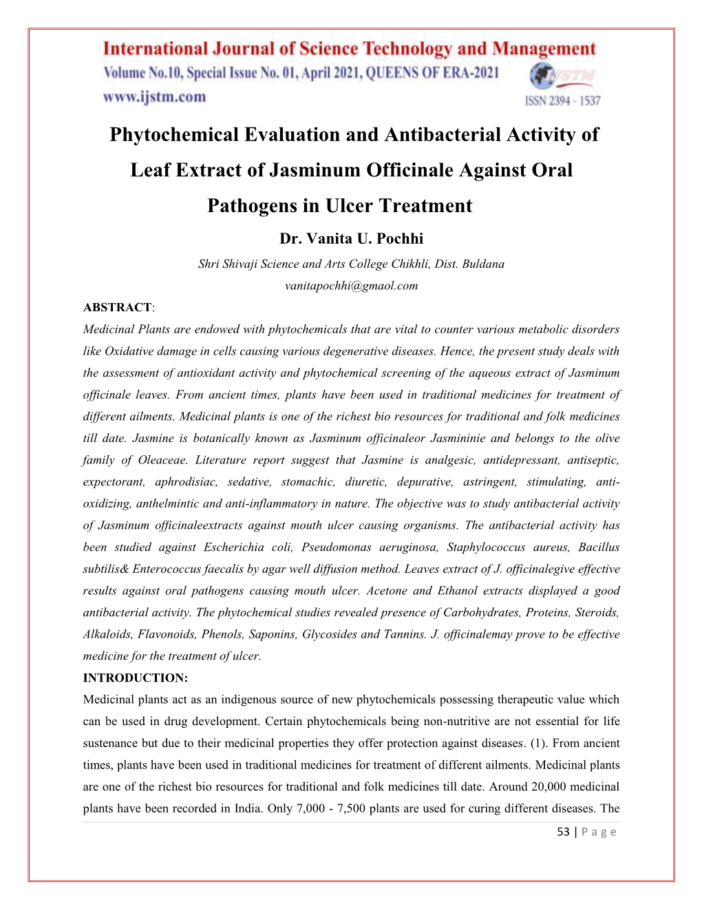 Phytochemical Evaluation and Antibacterial Activity of Leaf Extract of Jasminum Officinale Against Oral Pathogens in Ulcer Treatment Dr