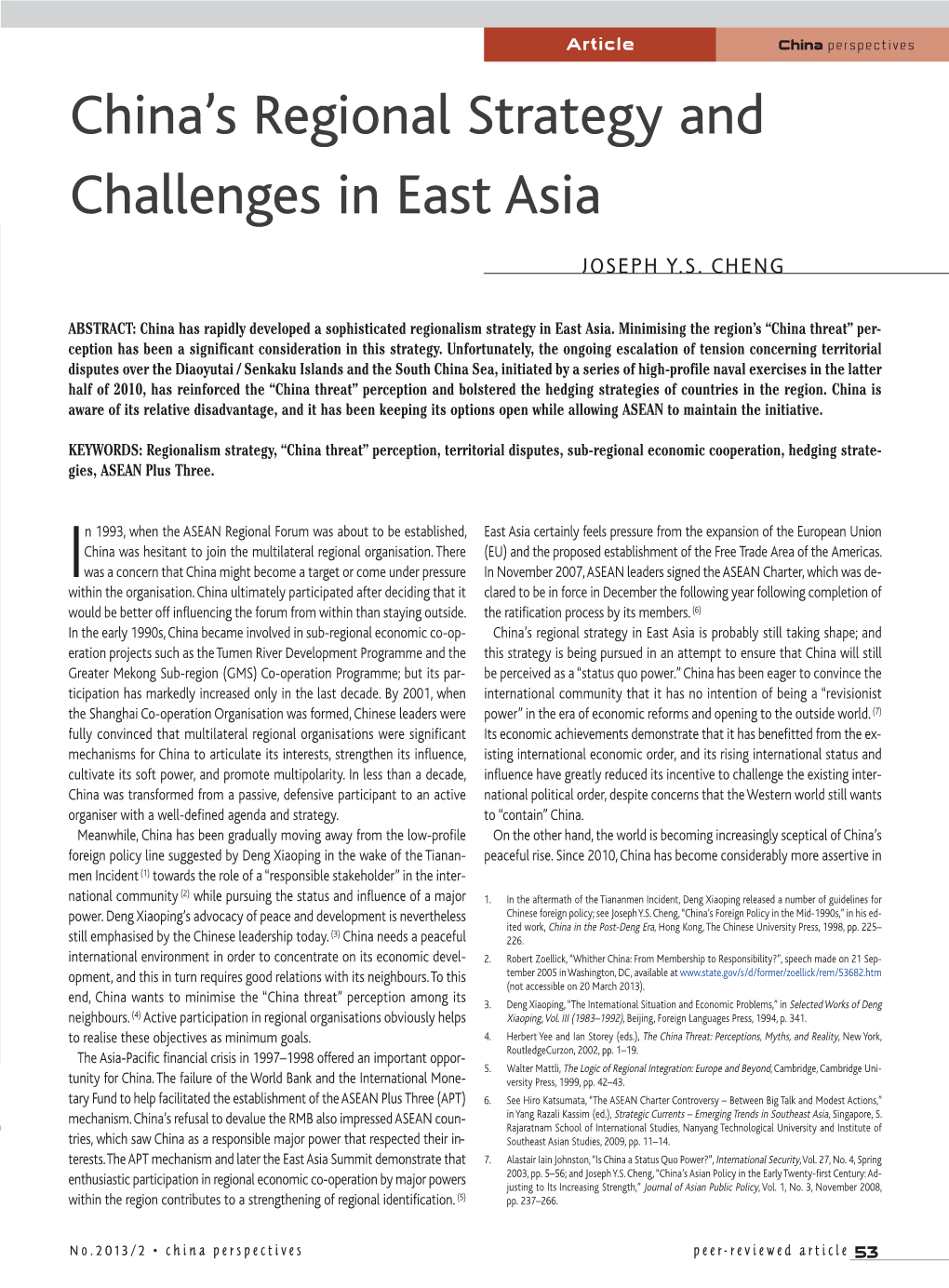 China's Regional Strategy and Challenges in East Asia