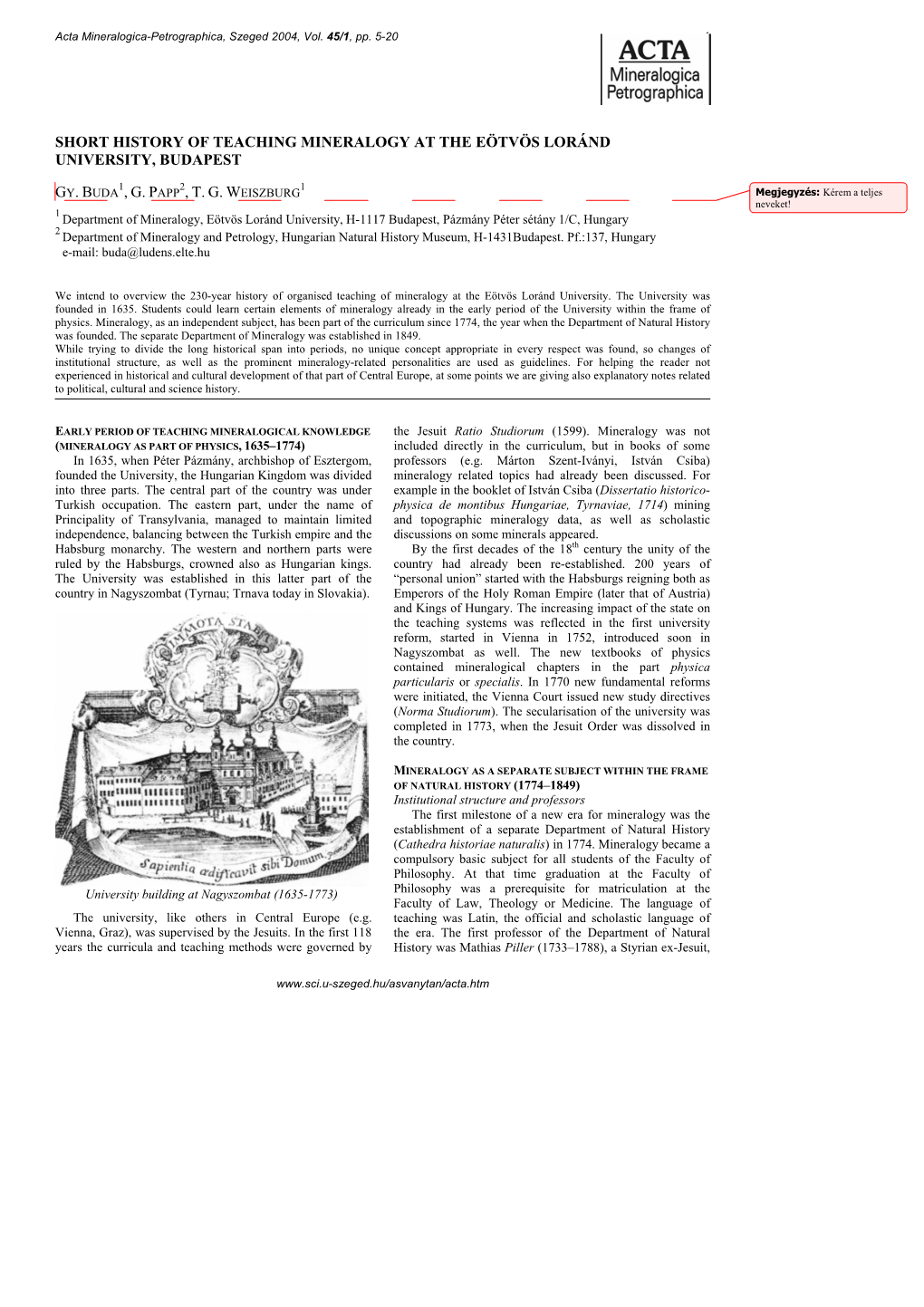 Short History of Teaching Mineralogy at the Eötvös Loránd University, Budapest