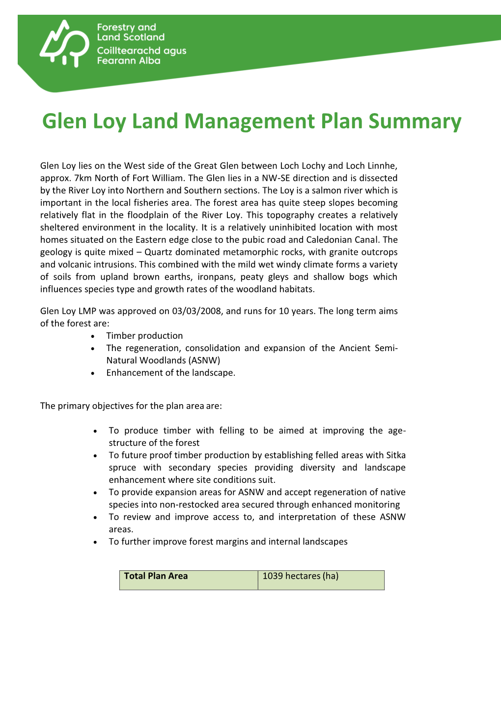 Glen Loy Land Management Plan Summary