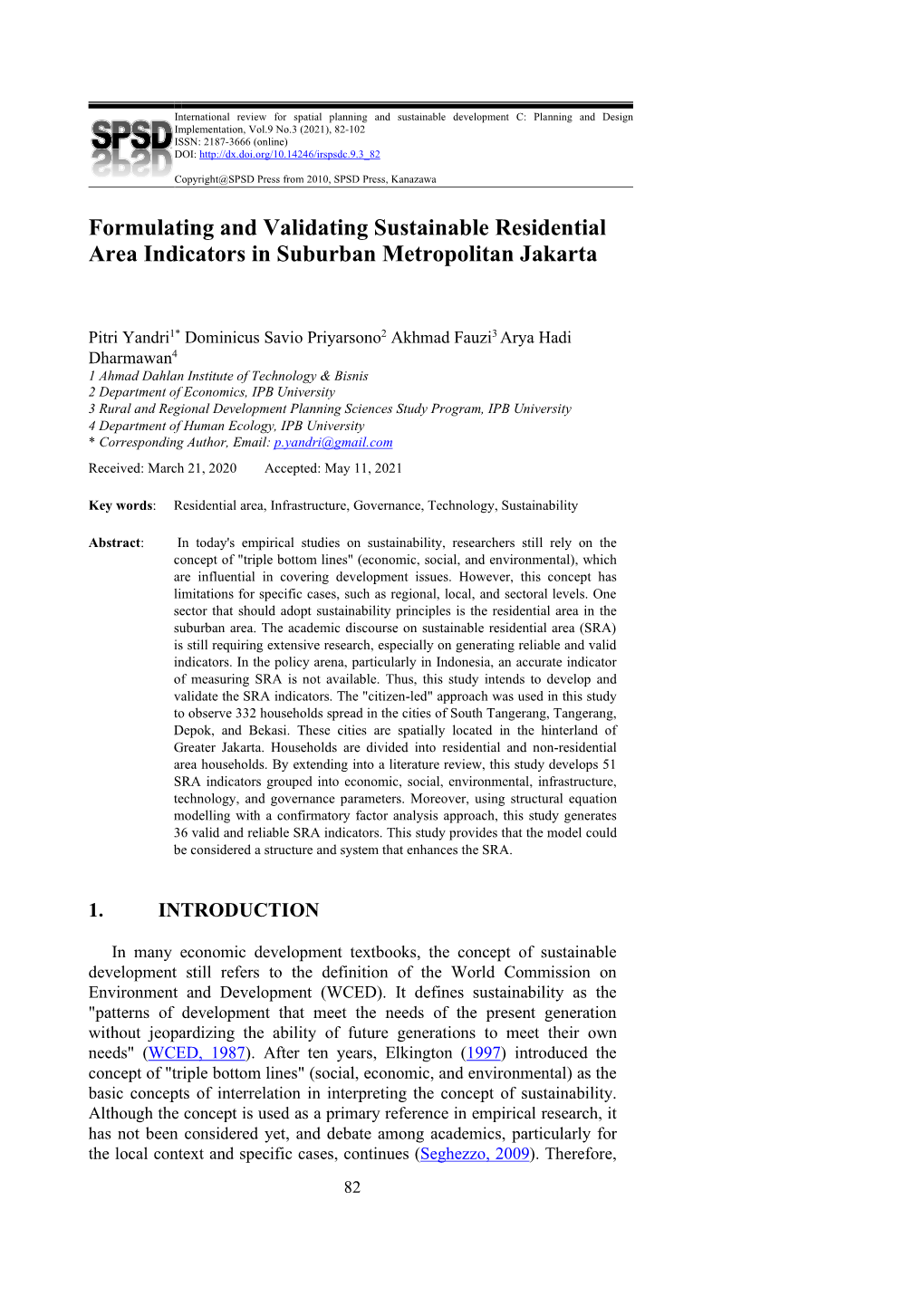 Formulating and Validating Sustainable Residential Area Indicators in Suburban Metropolitan Jakarta