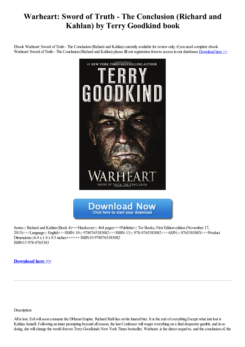Warheart: Sword of Truth - the Conclusion (Richard and Kahlan) by Terry Goodkind Book