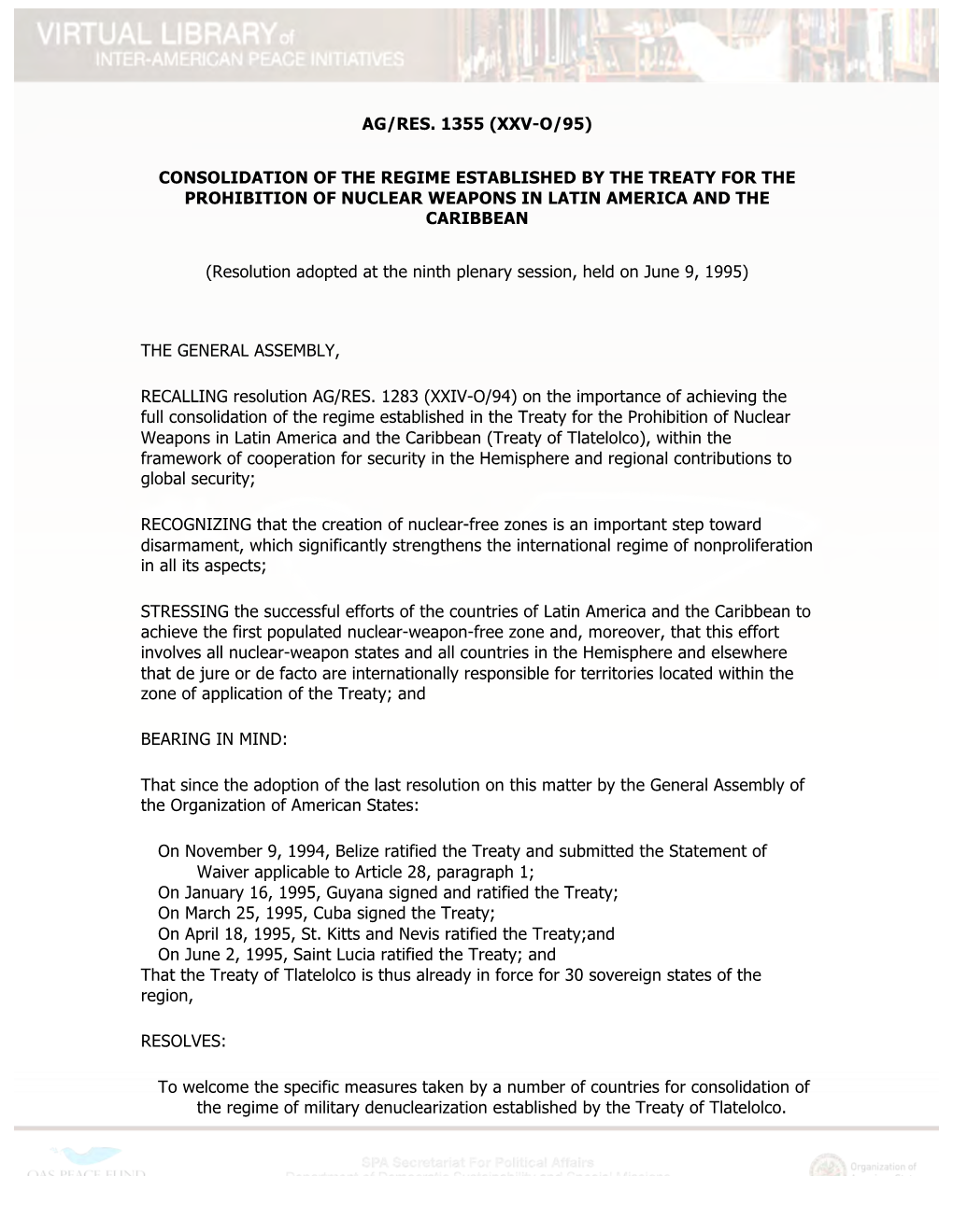 Ag/Res. 1355 (Xxv-O/95) Consolidation of the Regime