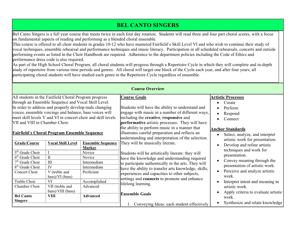 BEL CANTO SINGERS Bel Canto Singers Is a Full Year Course That Meets Twice in Each Four Day Rotation