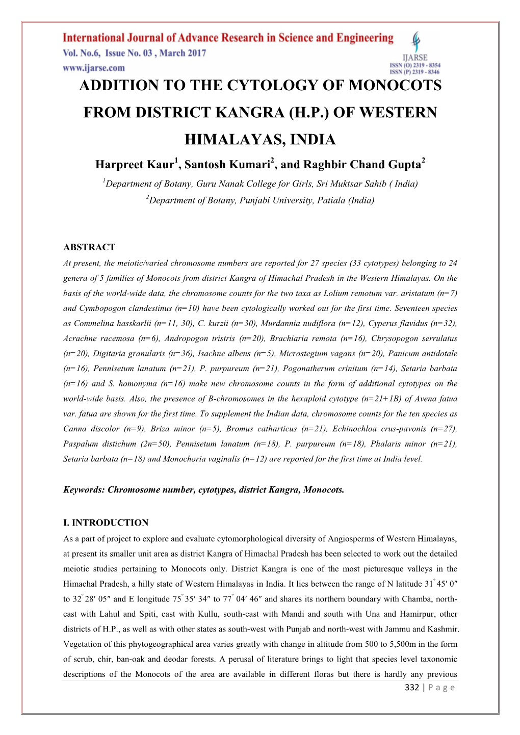 Addition to the Cytology of Monocots from District Kangra (Hp)