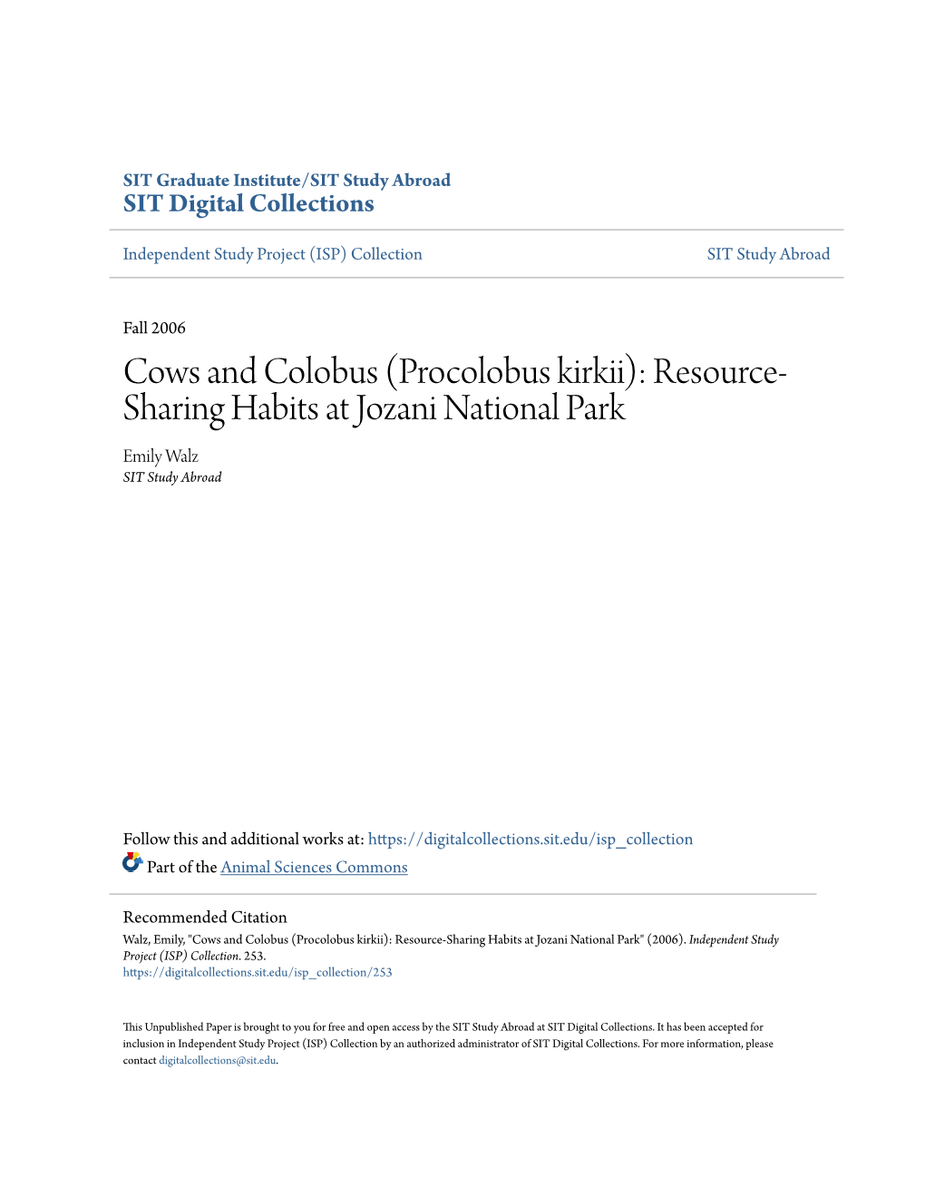 Cows and Colobus (Procolobus Kirkii): Resource-Sharing Habits at Jozani National Park