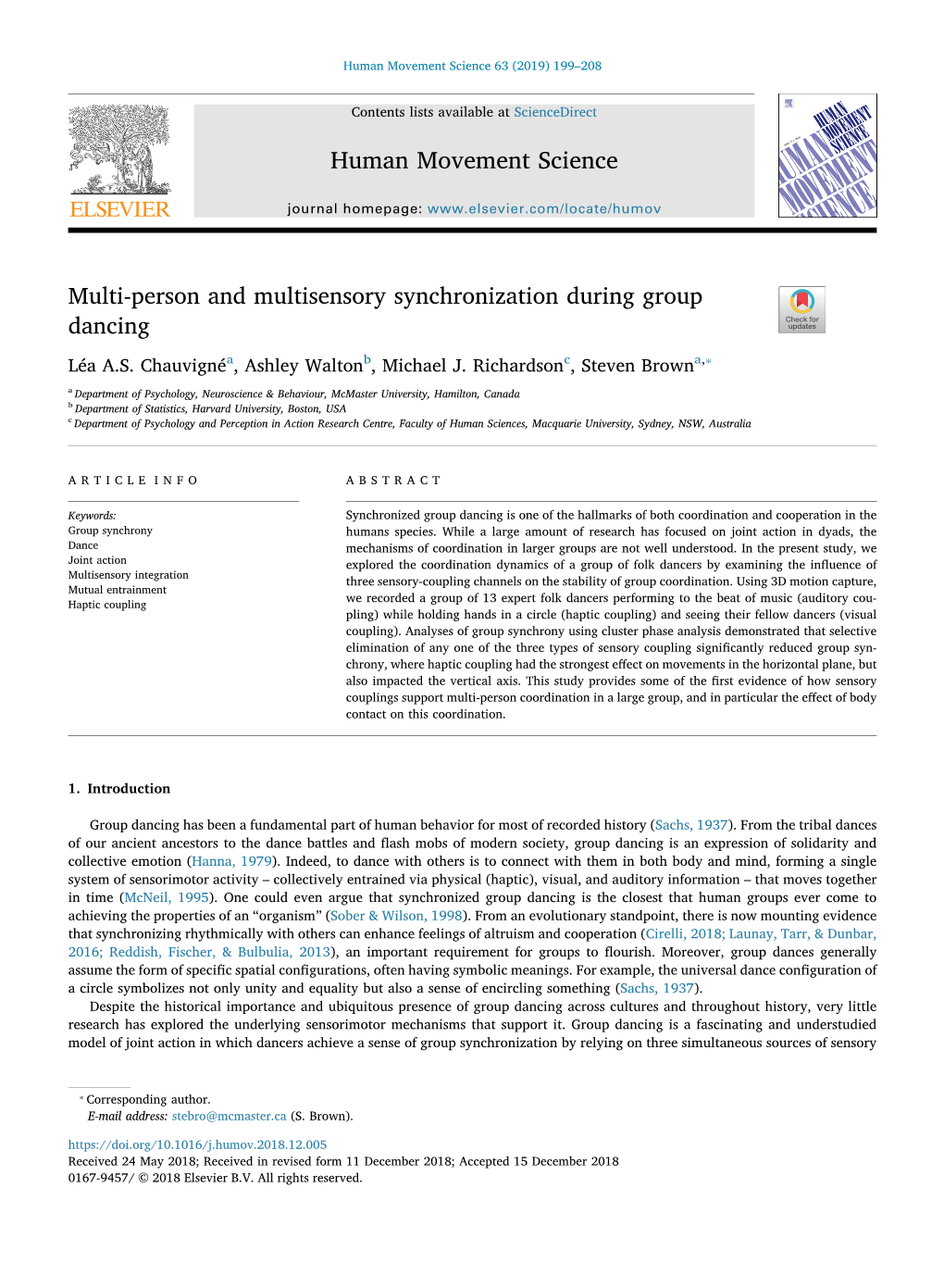 Multi-Person and Multisensory Synchronization Among Folk Dancers