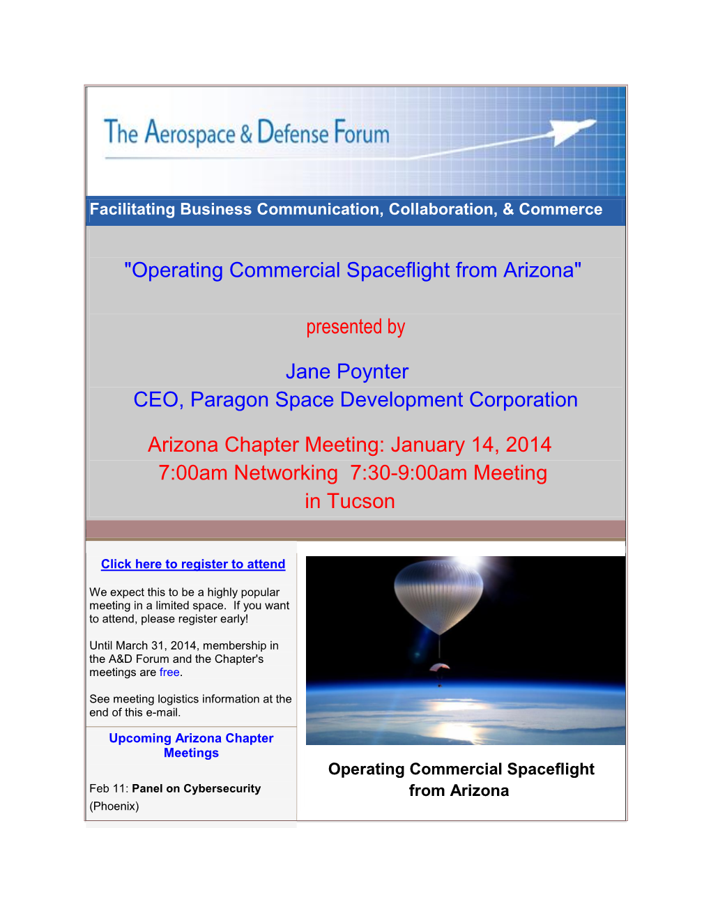 "Operating Commercial Spaceflight from Arizona" Presented by Jane