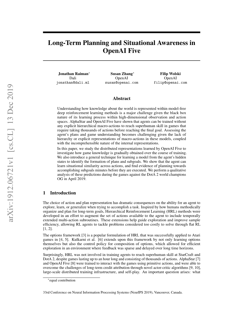 Long-Term Planning and Situational Awareness in Openai Five